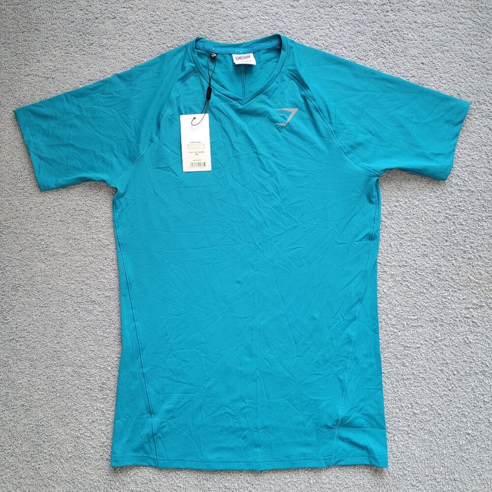 NWT Gymshark Veer Short Sleeve V-Neck T-Shirt Blue Lagoon Teal Mens Size Small